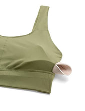 Load image into Gallery viewer, CRZ YOGA Butterluxe Womens U Back Sports Bra - Scoop Neck Padded Low Impact Yoga Clothes Workout Crop Top with Built in Pads Moss Green