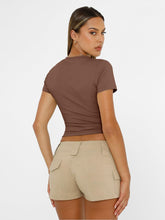 Load image into Gallery viewer, AUTOMET Womens Short Sleeve T Shirts Basic Summer 2025 Workout Tops Crew Neck Gym Crop Tops Trendy Y2K Clothes Coffee