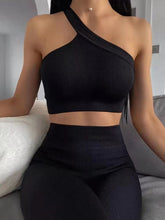 Load image into Gallery viewer, Two Piece Workout Sets for Women, Sexy One Shoulder Matching Crop Tank Top Set Outfits for Women(Black)