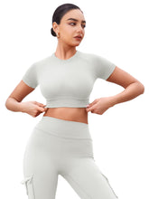 Load image into Gallery viewer, YEOREO Womens Short Sleeve Crop Tops Caliyta Seamless Workout Impact T Shirts Crew Neck Raglan Gym Yoga Tees Slim Fit Feather Rice