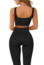 Load image into Gallery viewer, QINSEN Yoga Outfits for Women 2 Piece Set,Ribbed Stretchy Padded Crop Tops GMY Fitted Leggings Black