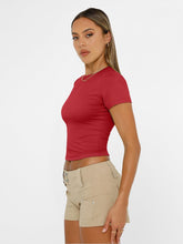 Load image into Gallery viewer, AUTOMET Womens Short Sleeve T Shirts Basic Summer 2025 Workout Tops Crew Neck Gym Crop Tops Trendy Y2K Clothes Red