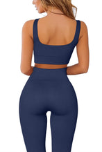 Load image into Gallery viewer, QINSEN Ribbed Workout Outfits for Women 2 Piece Seamless Sport Bra High Waist Yoga Leggings Sets Navy