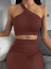 Load image into Gallery viewer, Workout Sets for Women, Cut Seamless Crop Tank Leggings Matching Sets 2 Pieces Outfits, Sexy One Shoulder Two Piece Workout Outfits(Coffee)