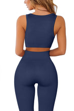 Load image into Gallery viewer, QINSEN Women's Yoga Workout Outfits 2 Piece High Waisted Leggings with Sports Bra Gym Clothes Sets 08 Dark Blue