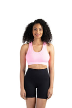 Load image into Gallery viewer, New Balance Womens Seamless Wirefree, Racerback Sports Bra with Removable Pads, Bottom Band with Logo, Black