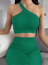 Load image into Gallery viewer, niyokki Two Piece Workout Sets for Women, Sexy One Shoulder Matching Crop Tank Top Set Outfits for Women(Grass Green)