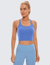 Load image into Gallery viewer, CRZ YOGA Butterluxe Womens Y-Back Racerback Longline Sports Bra - Padded Scoop Neck Workout Crop Tank Top with Built in Pads Wild Indigo