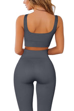 Load image into Gallery viewer, QINSEN Ribbed Workout Outfits for Women 2 Piece Seamless Sport Bra High Waist Yoga Leggings Set Dark Grey