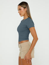 Load image into Gallery viewer, AUTOMET Womens Short Sleeve T Shirts Basic Crew Neck Crop Tops Tight Going Out Y2K Trendy Summer Clothes 2025 Haze Blue S