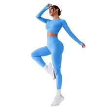 Load image into Gallery viewer, LIGHT DOT Women's Workout Outfits 2 Pieces Yoga Suits Long Sleeve Crop Top High Waist Sport Leggings Active Gym Set (Blue)