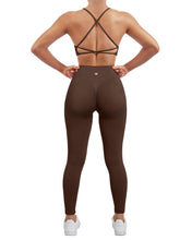 Load image into Gallery viewer, SUUKSESS Women Seamless 2 piece Workout Sets Strappy Padded Sports Bra Booty High Waisted Leggings Outfits (Deep Brown)