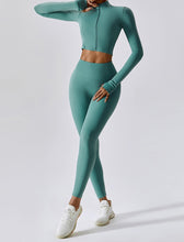 Load image into Gallery viewer, OMEWEE Workout Outfits for Women 3 Piece Long Sleeve Zip Up Cropped Jacket, Sports Bra and Tummy Control Leggings Green