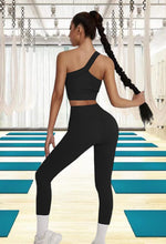 Load image into Gallery viewer, Two Piece Workout Sets for Women, Sexy One Shoulder Matching Crop Tank Top Set Outfits for Women(Black)