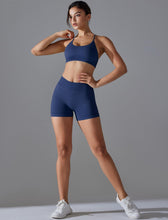 Load image into Gallery viewer, ABOCIW Workout Sets for Women Seamless V Back Scrunch Butt Lifting High Waist Biker Shorts Cross Back Sports Bra 2 Piece Yoga Gym Sets Navy Blue