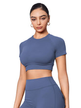 Load image into Gallery viewer, YEOREO Womens Short Sleeve Crop Tops Caliyta Seamless Workout Impact T Shirts Crew Neck Raglan Gym Yoga Tees Slim Fit Blue Gray