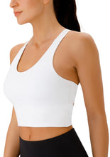 Load image into Gallery viewer, JOYSPELS Sports Bras for Women Extra Comfort Criss-Cross Back Padded Workout Tops for Women Medium Support White