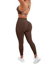 Load image into Gallery viewer, SUUKSESS Women Seamless 2 piece Workout Sets Strappy Padded Sports Bra Booty High Waisted Leggings Outfits (Deep Brown)
