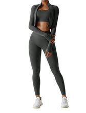 Load image into Gallery viewer, OMEWEE Workout Outfits for Women 3 Piece Long Sleeve Zip Up Cropped Jacket, Sports Bra and Tummy Control Leggings Grey