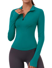 Load image into Gallery viewer, Ropa Deportiva para Mujer Long Sleeve Fall Workout Tops Womens Crop Quarter Half Zip Pullover Athletic Yoga Shirts Running Wear(Blue Green)