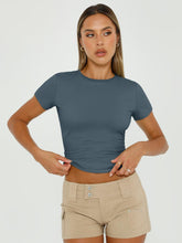 Load image into Gallery viewer, AUTOMET Womens Short Sleeve T Shirts Basic Crew Neck Crop Tops Tight Going Out Y2K Trendy Summer Clothes 2025 Haze Blue S