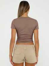 Load image into Gallery viewer, AUTOMET Womens Short Sleeve Basic Going Out T-Shirts Crew Neck Crop Tops Tight Slim Fit Y2K Trendy Summer Clothes 2025 Coffee Grey S