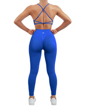 Load image into Gallery viewer, SUUKSESS Women Seamless 2 piece Workout Sets Strappy Padded Sports Bra Booty High Waisted Leggings Outfits (Royal Blue)