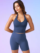 Load image into Gallery viewer, YEOREO Women's Halter Crop Top V Neck Workout Going Out Tank Top Hazel Padded Sleeveless Backless Trendy Summer Camisole Navy