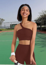 Load image into Gallery viewer, Workout Sets for Women, Cut Seamless Crop Tank Leggings Matching Sets 2 Pieces Outfits, Sexy One Shoulder Two Piece Workout Outfits(Coffee)