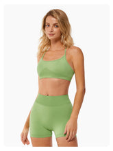 Load image into Gallery viewer, ABOCIW Workout Sets for Women Seamless V Back Scrunch Butt Lifting High Waist Biker Shorts Cross Back Sports Bra 2 Piece Yoga Gym Sets Light Green