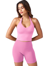 Load image into Gallery viewer, YEOREO Women's Halter Crop Top V Neck Workout Going Out Tank Top Hazel Padded Sleeveless Backless Trendy Summer Camisole Bubblegum Pink