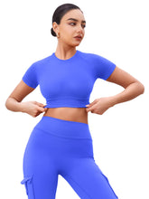 Load image into Gallery viewer, YEOREO Womens Short Sleeve Crop Tops Caliyta Seamless Workout Impact T Shirts Crew Neck Raglan Gym Yoga Tees Slim Fit Electric Blue
