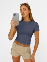 Load image into Gallery viewer, AUTOMET Womens Short Sleeve T Shirts Basic Summer 2025 Workout Tops Crew Neck Gym Crop Tops Trendy Y2K Clothes Navy