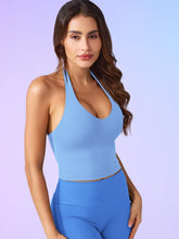 Load image into Gallery viewer, YEOREO Women's Halter Crop Top V Neck Workout Going Out Tank Top Hazel Padded Sleeveless Backless Trendy Summer Camisole Light Blue