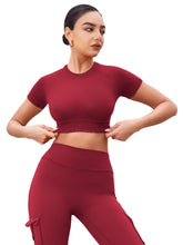 Load image into Gallery viewer, YEOREO Womens Short Sleeve Crop Tops Caliyta Seamless Workout Impact T Shirts Crew Neck Raglan Gym Yoga Tees Slim Fit Scarlett Red