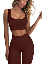 Load image into Gallery viewer, QINSEN High Waisted Leggings for Women GMY Workout Sport Bra Tops 2 Piece Outfits Coffee