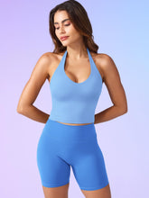 Load image into Gallery viewer, YEOREO Women's Halter Crop Top V Neck Workout Going Out Tank Top Hazel Padded Sleeveless Backless Trendy Summer Camisole Light Blue