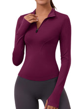 Load image into Gallery viewer, Ropa Deportiva para Mujer Long Sleeve Fall Workout Tops Womens Crop Quarter Half Zip Pullover Athletic Yoga Shirts Running Wear(Wine)