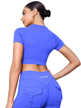 Load image into Gallery viewer, YEOREO Womens Short Sleeve Crop Tops Caliyta Seamless Workout Impact T Shirts Crew Neck Raglan Gym Yoga Tees Slim Fit Electric Blue