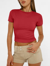 Load image into Gallery viewer, AUTOMET Womens Short Sleeve T Shirts Basic Summer 2025 Workout Tops Crew Neck Gym Crop Tops Trendy Y2K Clothes Red