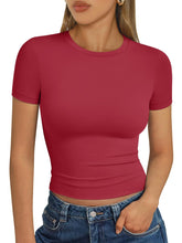 Load image into Gallery viewer, AUTOMET Womens Short Sleeve T Shirts Basic Summer 2025 Workout Tops Crew Neck Gym Crop Tops Trendy Y2K Clothes Red