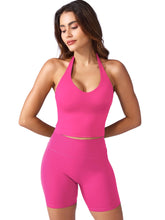 Load image into Gallery viewer, YEOREO Women's Halter Crop Top V Neck Workout Going Out Tank Top Hazel Padded Sleeveless Backless Trendy Summer Camisole Rose