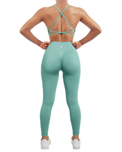 Load image into Gallery viewer, SUUKSESS Women Seamless 2 piece Workout Sets Strappy Padded Sports Bra Booty High Waisted Leggings Outfits (Light Green)