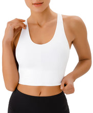 Load image into Gallery viewer, JOYSPELS Sports Bras for Women Extra Comfort Criss-Cross Back Padded Workout Tops for Women Medium Support White