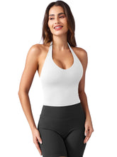 Load image into Gallery viewer, YEOREO Women's Halter Crop Top V Neck Workout Going Out Tank Top Hazel Padded Sleeveless Backless Trendy Summer Camisole White