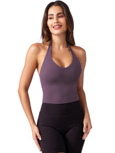 Load image into Gallery viewer, YEOREO Women's Halter Crop Top V Neck Workout Going Out Tank Top Hazel Padded Sleeveless Backless Trendy Summer Camisole BlackBerry Purple