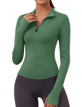 Load image into Gallery viewer, Long Sleeve Workout Tops Women Yoga Running Gym Shirts Slim Crop Top Golf Shirt(Green)