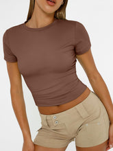 Load image into Gallery viewer, AUTOMET Womens Short Sleeve T Shirts Basic Summer 2025 Workout Tops Crew Neck Gym Crop Tops Trendy Y2K Clothes Coffee