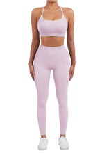 Load image into Gallery viewer, SUUKSESS Women Seamless 2 piece Workout Sets Strappy Padded Sports Bra Booty High Waisted Leggings Outfits (Baby Pink)