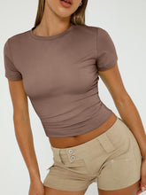 Load image into Gallery viewer, AUTOMET Womens Short Sleeve Basic Going Out T-Shirts Crew Neck Crop Tops Tight Slim Fit Y2K Trendy Summer Clothes 2025 Coffee Grey S